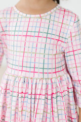 Pink Plaid 3/4 Sleeve Pocket Twirl Dress