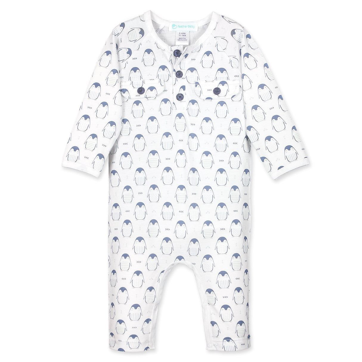 Pocket Long John - Sleepy Penguins on White  100% Pima Cotton by Feather Baby - HoneyBug 