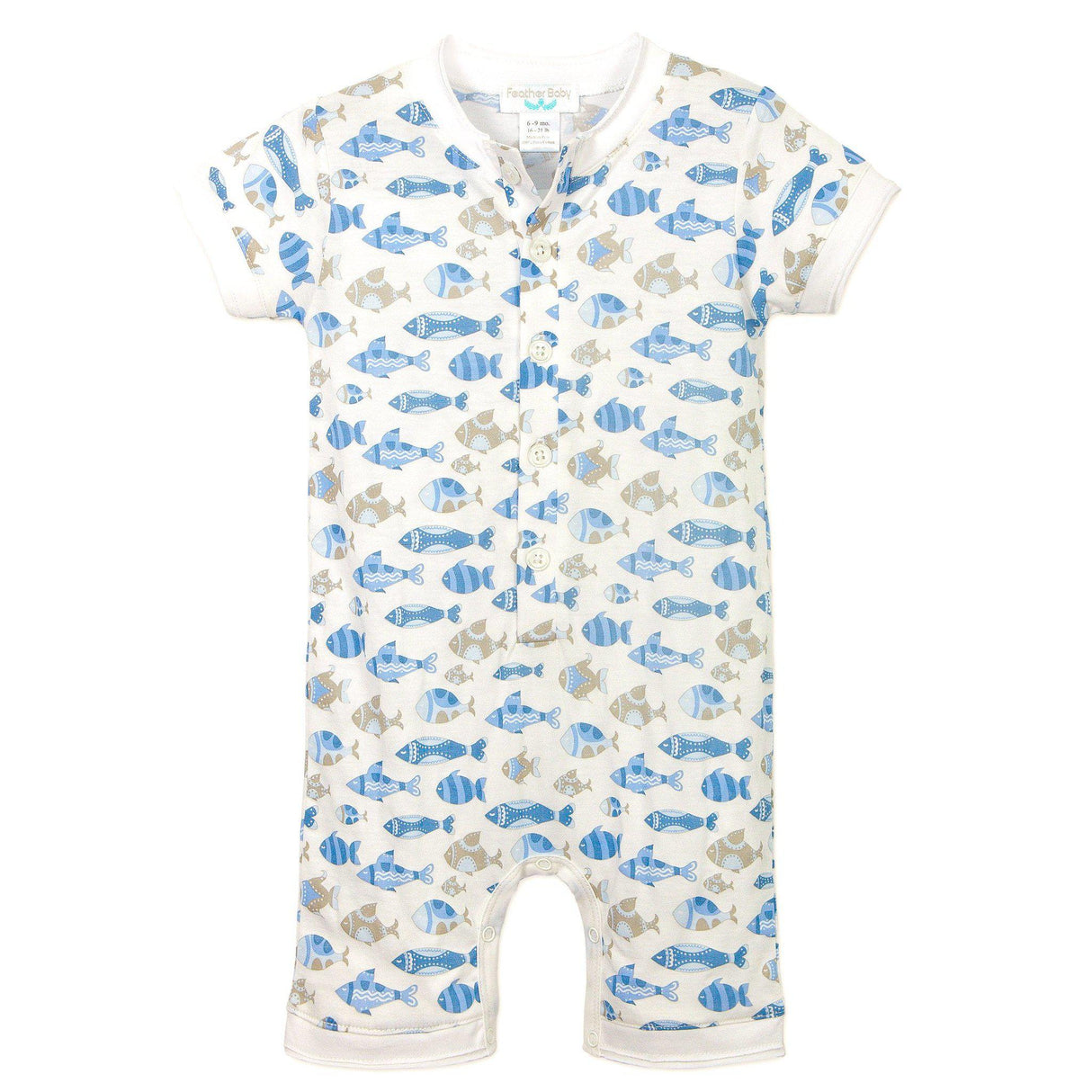 Henley Romper - Skinny Fish on White  100% Pima Cotton by Feather Baby - HoneyBug 