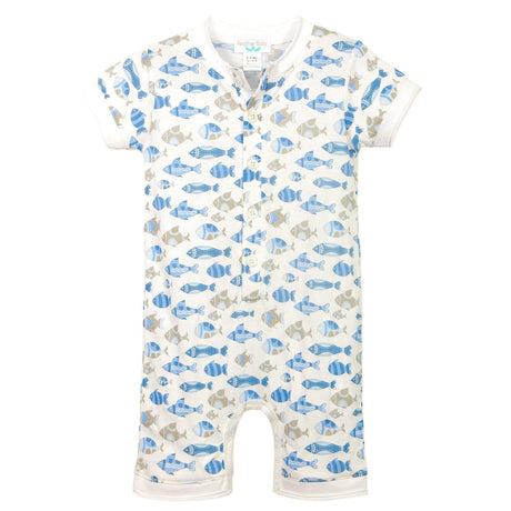 Henley Romper - Skinny Fish on White  100% Pima Cotton by Feather Baby - HoneyBug 