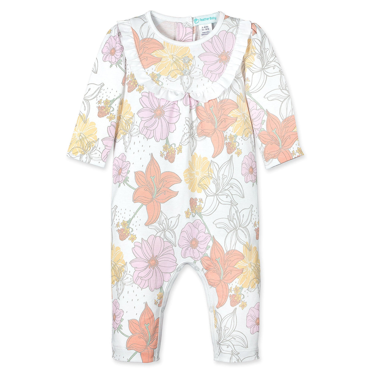 Ruffle-Yoke Romper - Amelia on White  100% Pima Cotton by Feather Baby - HoneyBug 