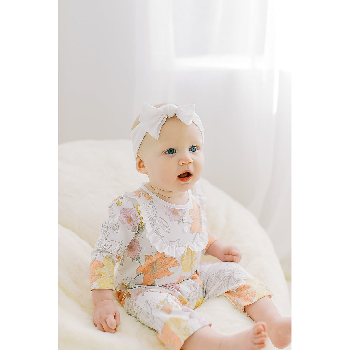 Ruffle-Yoke Romper - Amelia on White  100% Pima Cotton by Feather Baby - HoneyBug 