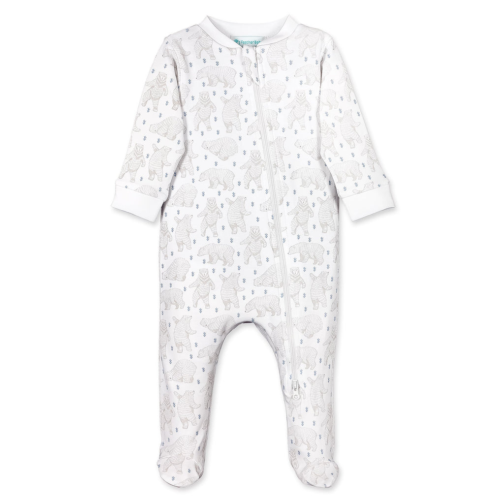 Zipper Footie - Dancing Bears on White  100% Pima Cotton by Feather Baby - HoneyBug 