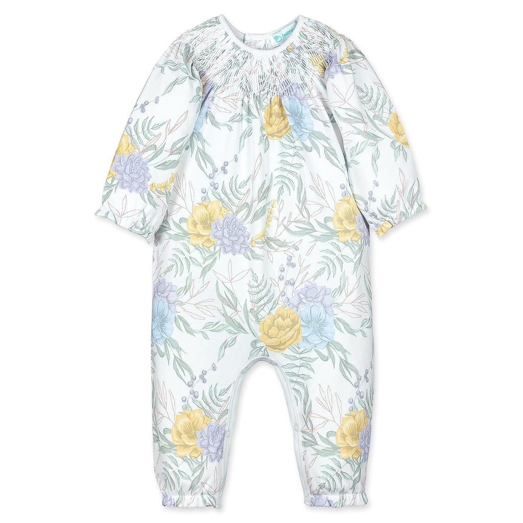 Hand-Smocked Romper - Zoey on White  100% Pima Cotton by Feather Baby - HoneyBug 
