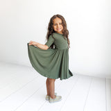 MID SLEEVE TWIRL DRESS- Moss Ribbed