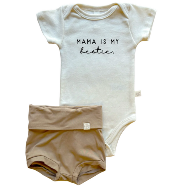 Mama Bestie | Bamboo Fold Over Bloomers and Organic Cotton Bodysuit Set | Almond - HoneyBug 