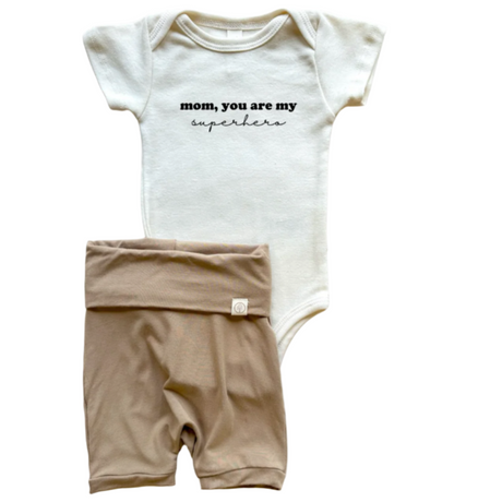 Mom Superhero | Bamboo Fold Over Shorties and Organic Cotton Bodysuit Set | Almond - HoneyBug 