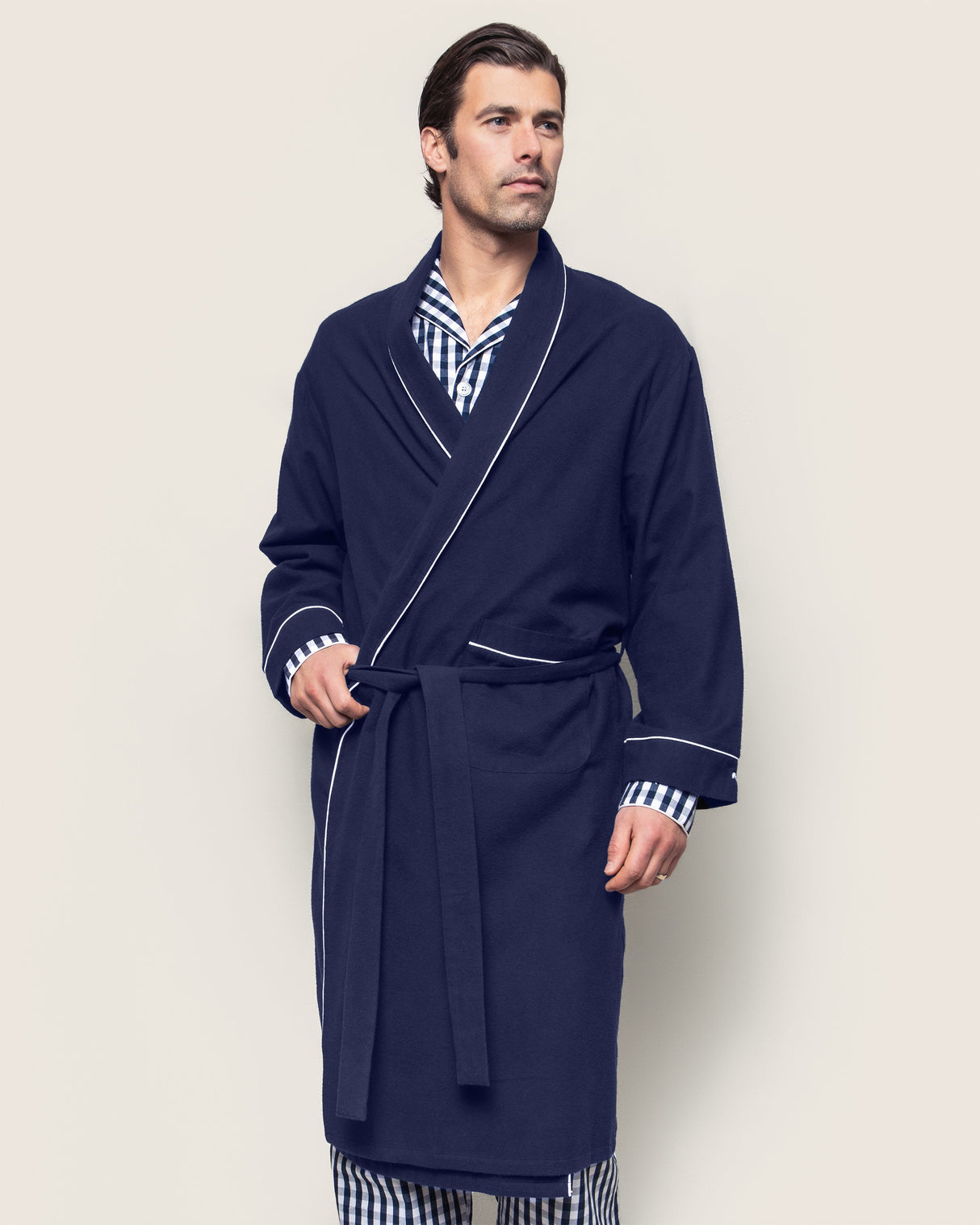 Men's Flannel Robe in Navy with White Piping