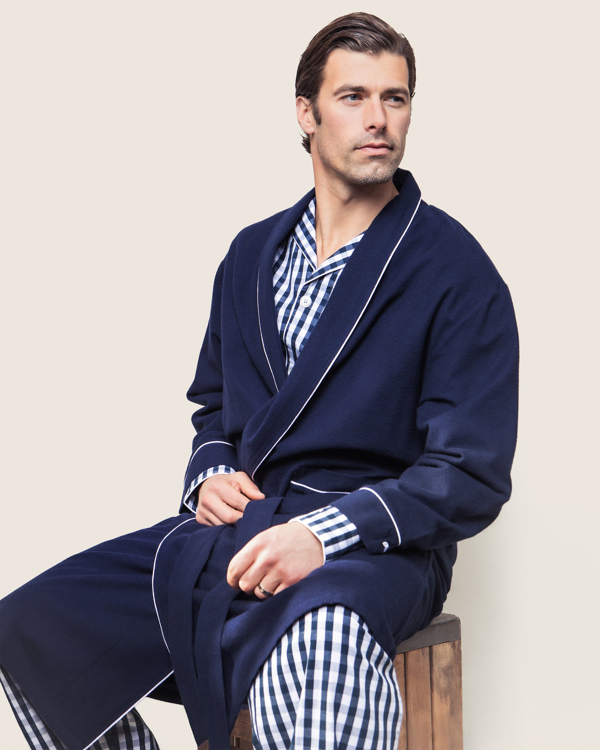 Men's Flannel Robe in Navy with White Piping