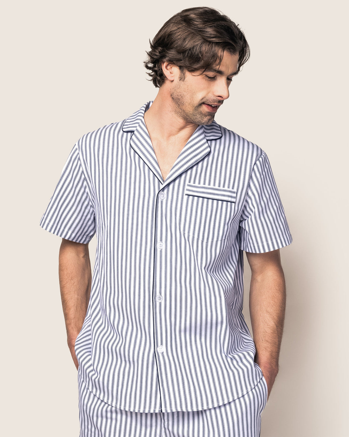 Men's Twill Pajama Short Set in Navy French Ticking