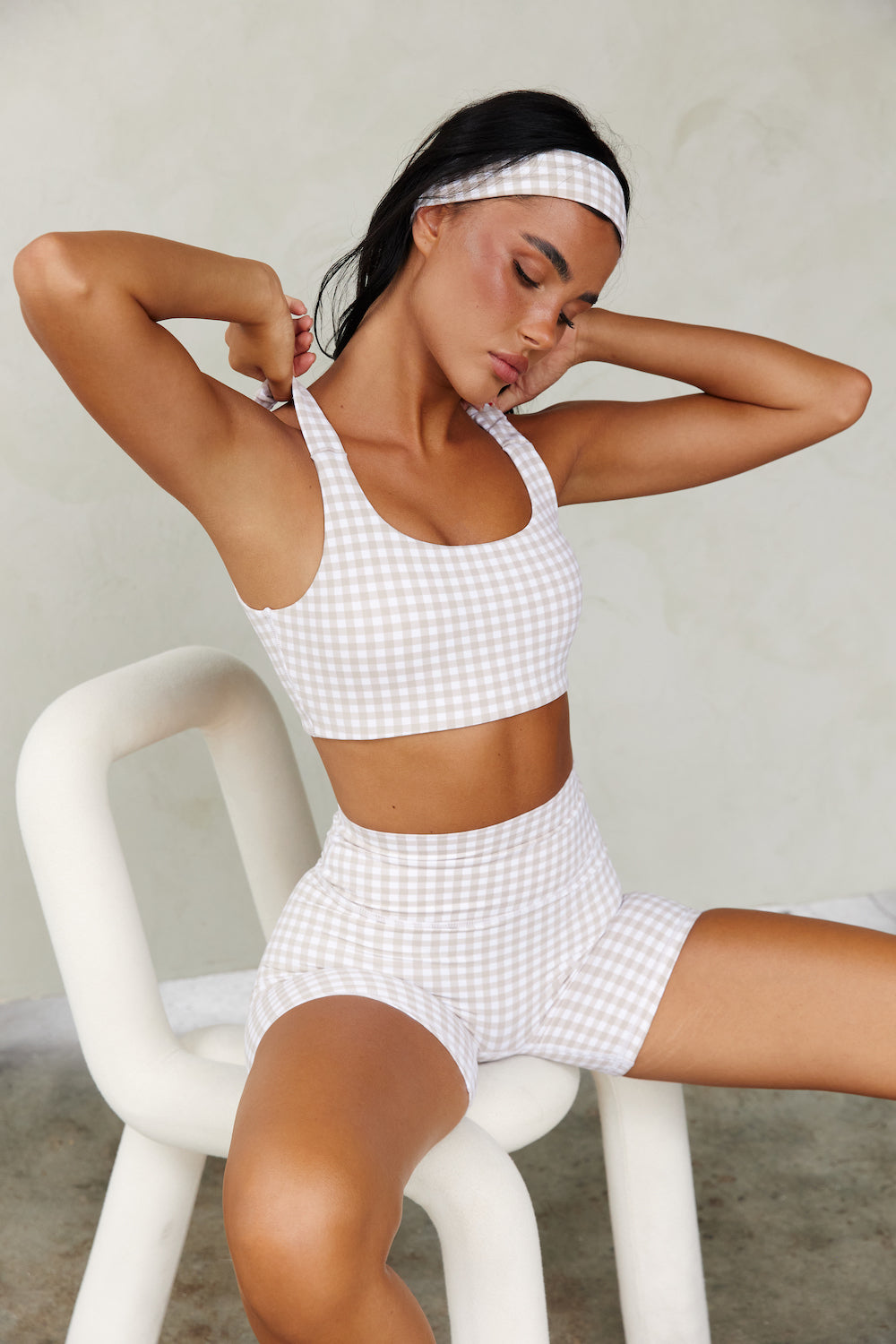 Astoria LUXE BALANCE Ruched Sports Crop - Beige Gingham