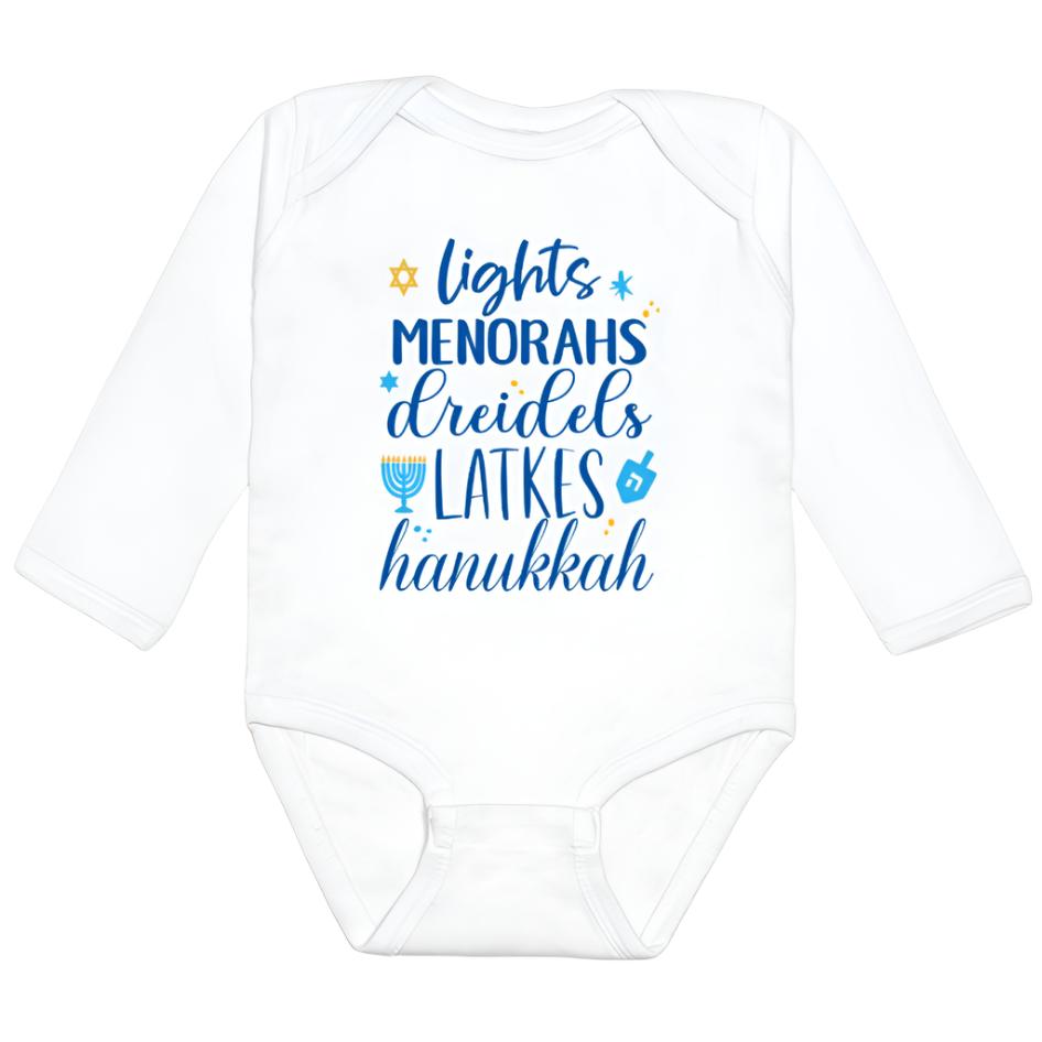 Hanukkah Fun Long Sleeve Bodysuit - White