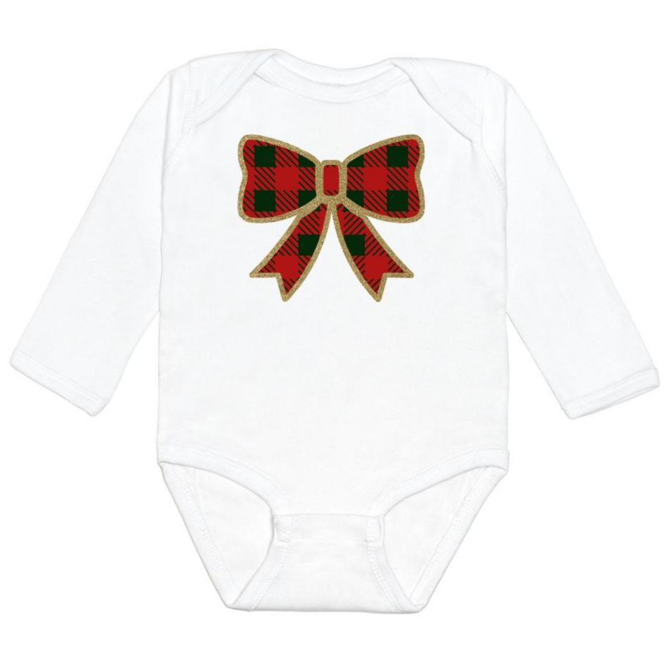 Christmas Plaid Bow Long Sleeve Bodysuit - White