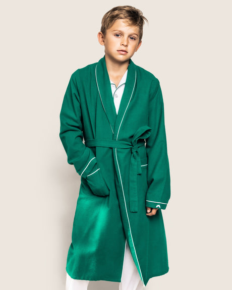 Kid's Flannel Robe in Forest Green with White Piping