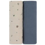 2 Pack Cotton Muslin Swaddle Blanket - Garden Flower - Blue