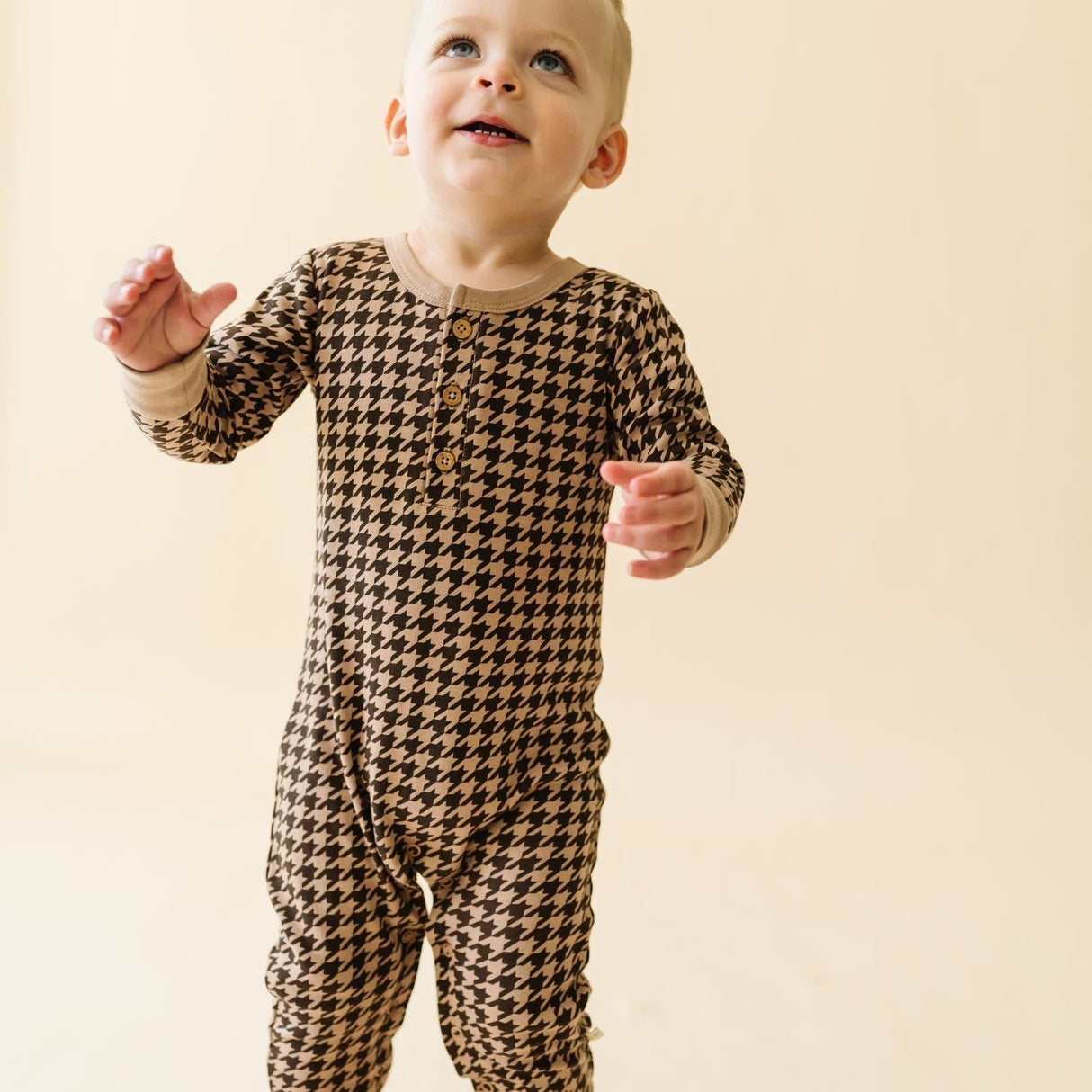 Organic Button Romper - Houndstooth