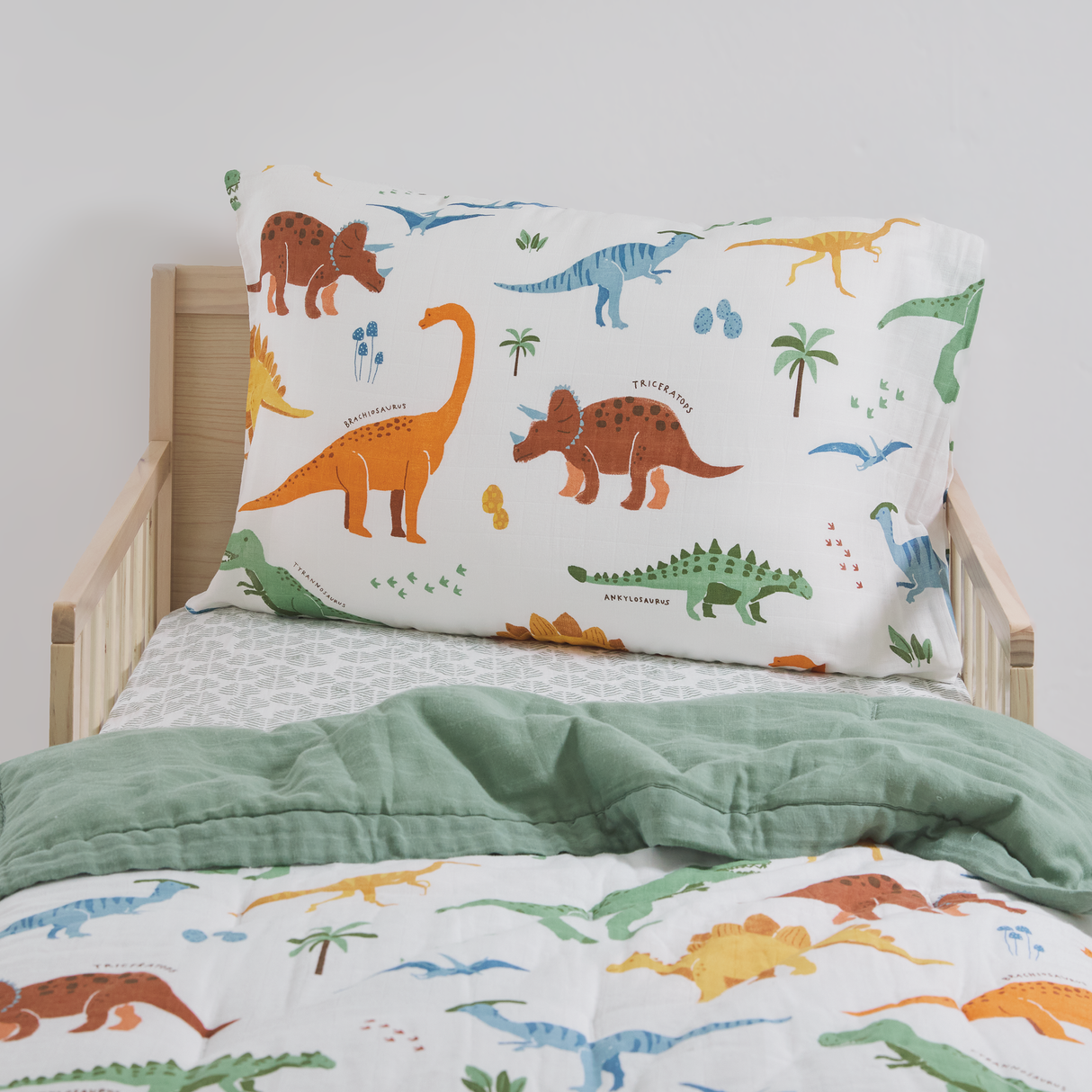 Cotton Muslin Toddler Bedding 3 Piece Set - Dino Names