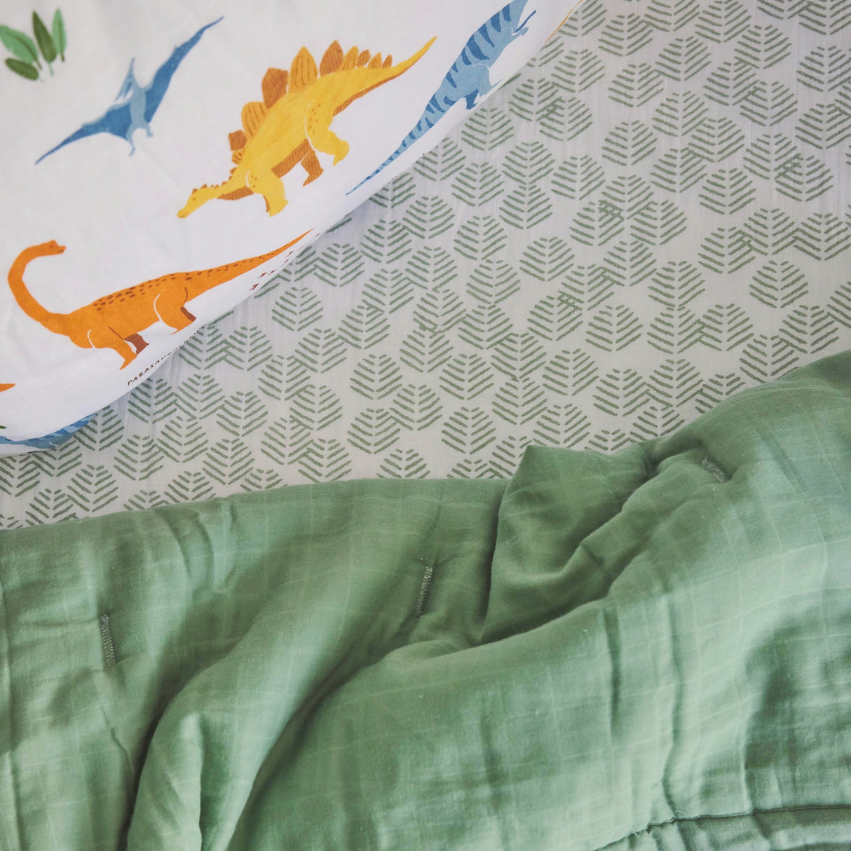 Cotton Muslin Toddler Bedding 3 Piece Set - Dino Names