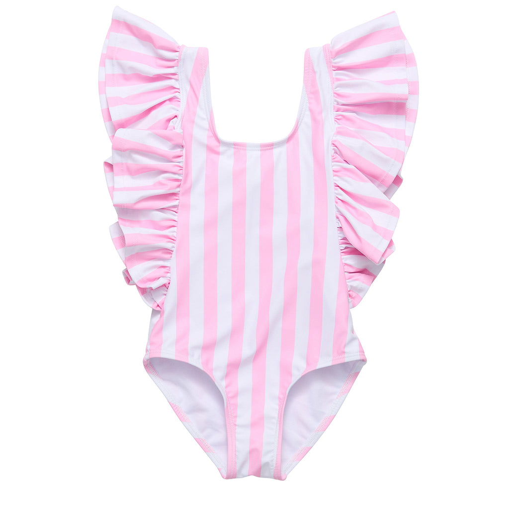 Pink Stripe Wide Frill Swimsuit - HoneyBug 