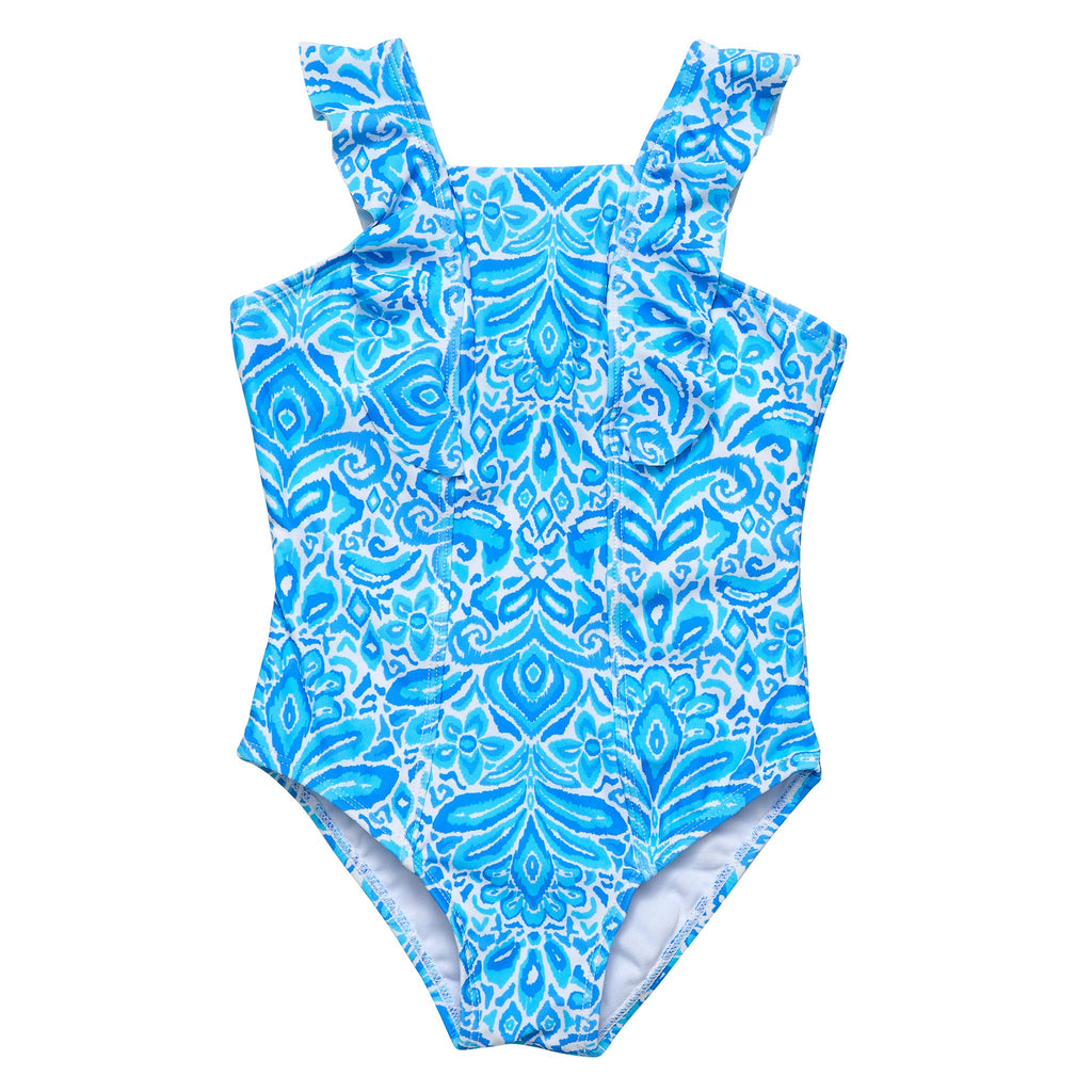 Santorini Blue Ruffle Shoulder Swimsuit - HoneyBug 