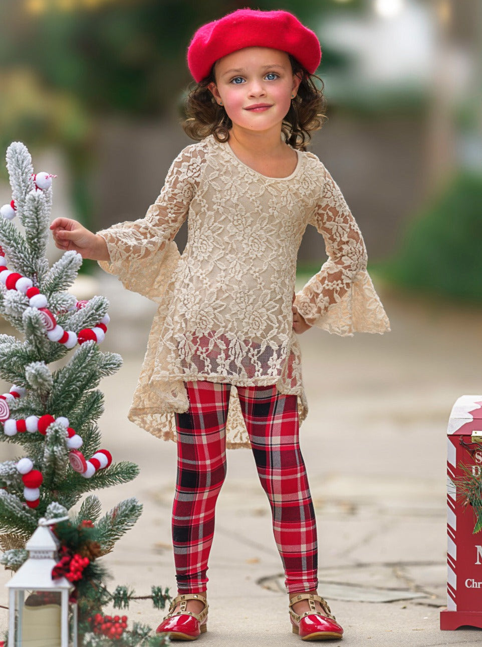 Autumn Glow Lace Tunic Top and Checkered Legging Set