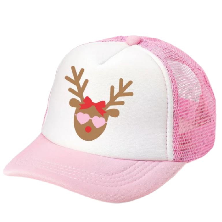 Girly Reindeer Christmas Trucker Hat - Pink/White