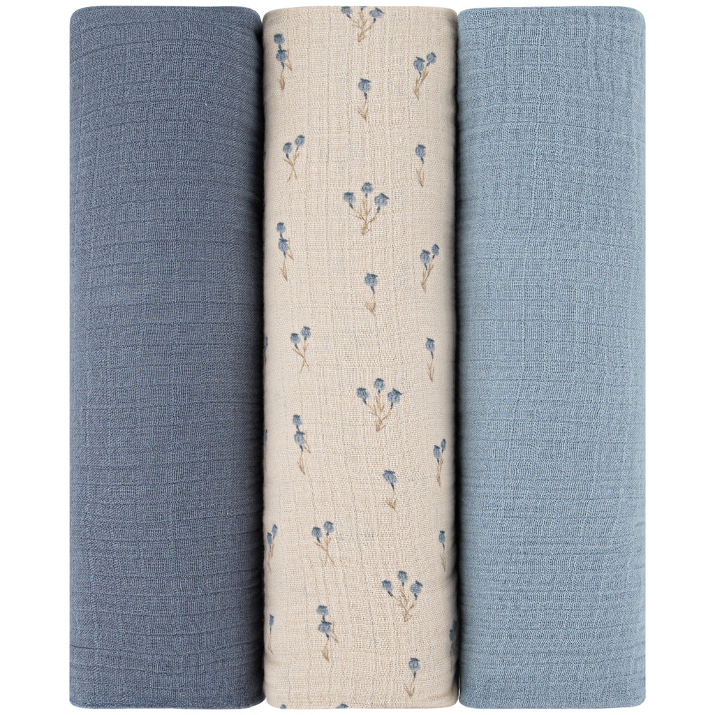3 Pack Cotton Muslin Swaddle Blanket - Blue Bluebell - HoneyBug 