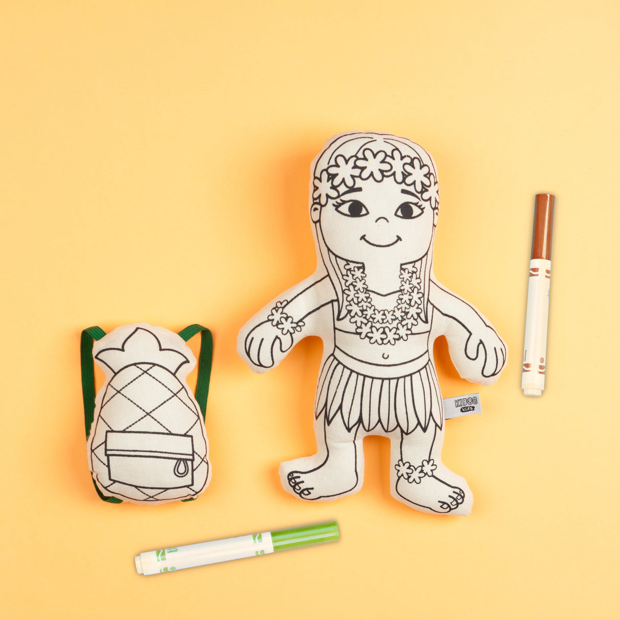 Kiboo Kids: Hula Girl with Mini Pineapple Backpack - Colorable and Washable Doll for Creative Play - HoneyBug 