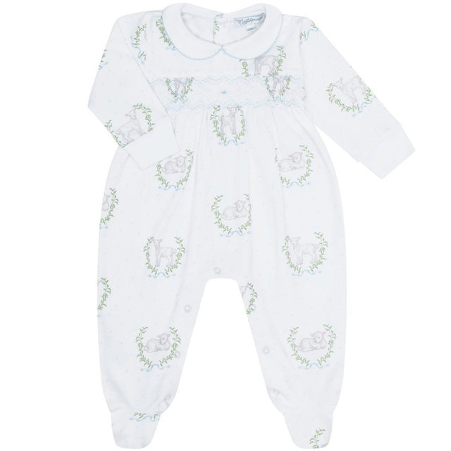 Blue Lamb Print Smocked Footie - HoneyBug 