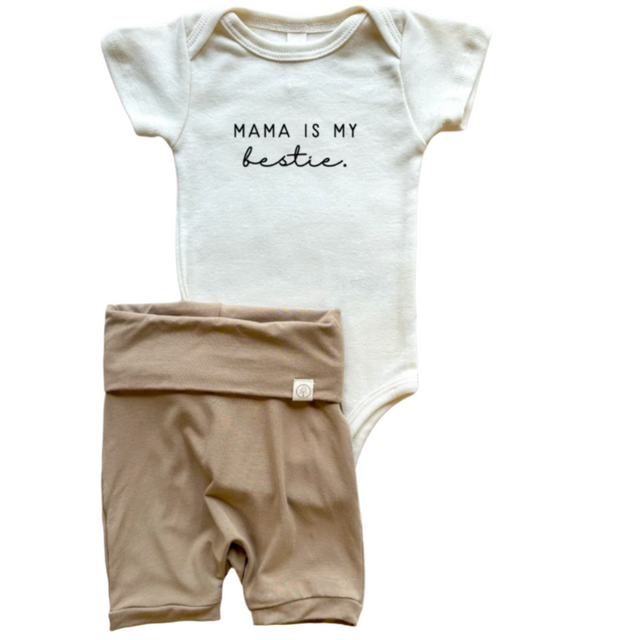 Mama Bestie | Bamboo Fold Over Shorties and Organic Cotton Bodysuit Set | Almond - HoneyBug 