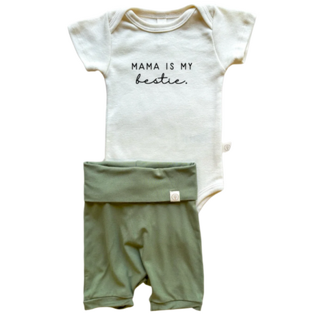 Mama Bestie | Bamboo Fold Over Shorties and Organic Cotton Bodysuit Set | Eucalyptus - HoneyBug 