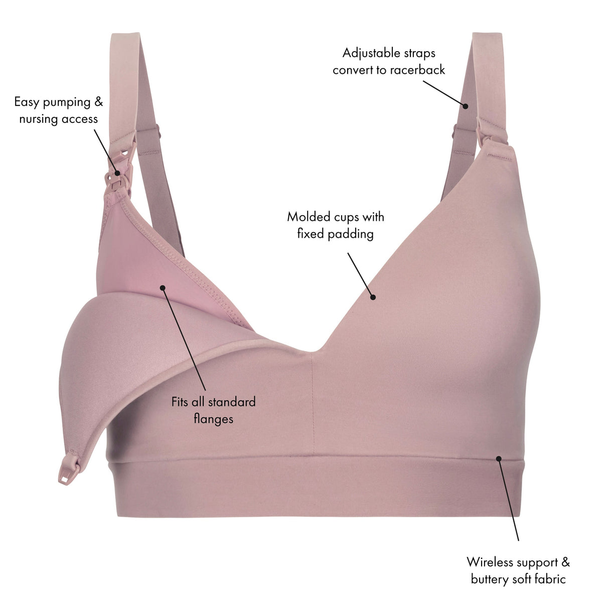 Minimalist Hands-Free Pumping & Nursing Plunge Bra | Lilac Stone - HoneyBug 