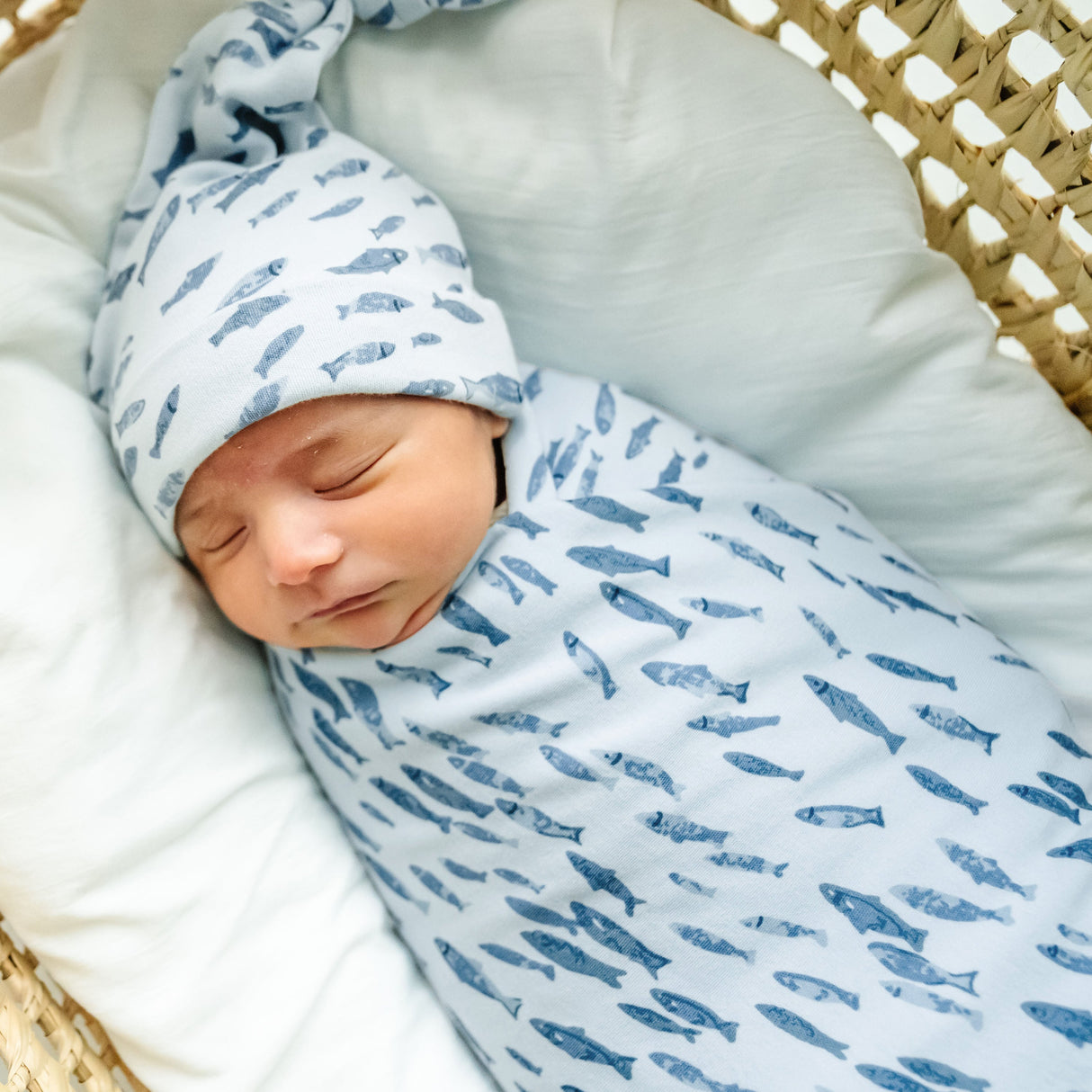 Organic Baby Swaddle Blanket & Hat - Minnow