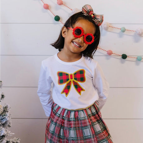 Christmas Plaid Bow Long Sleeve Shirt - White