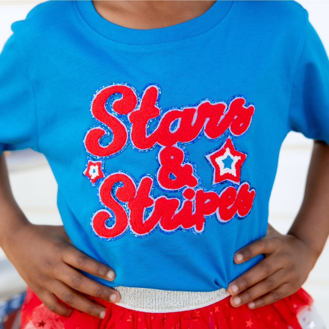 Stars and Stripes Patch Short Sleeve T-Shirt - Mid-Blue - HoneyBug 