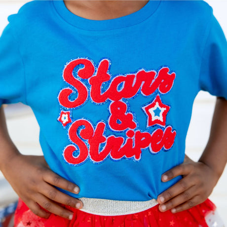 Stars and Stripes Patch Short Sleeve T-Shirt - Mid-Blue - HoneyBug 