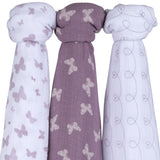 3 Pack Cotton Muslin Swaddle Blanket - Lavender Butterfly