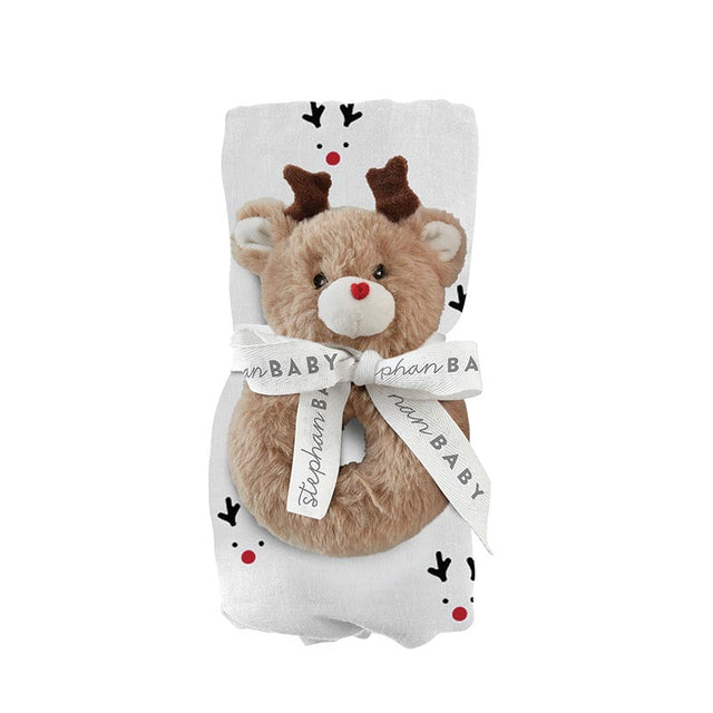 Swaddle Blanket + Plush Rattle - Reindeer - HoneyBug 