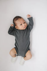 Charcoal Organic Snap Long Sleeve Ribbed Bodysuit