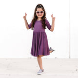 MID SLEEVE TWIRL DRESS- Plum Ribbed