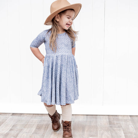 MID SLEEVE TWIRL DRESS- Blue Mud Cloth