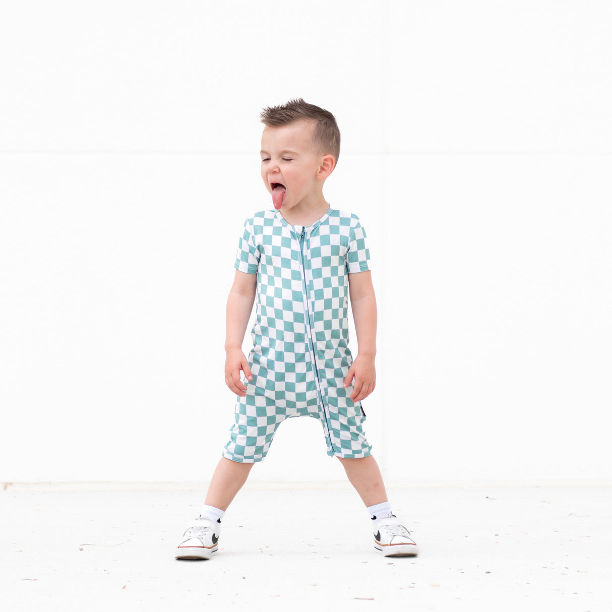 SHORTIE ZIP ROMPER - Sage Check