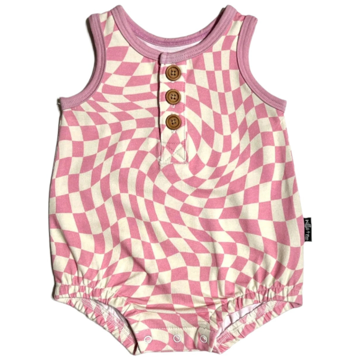 ORGANIC COTTON HENLEY ROMPER- Pink Dizzy Check