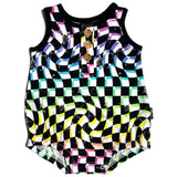 ORGANIC COTTON HENLEY ROMPER- Neon Dizzy Check