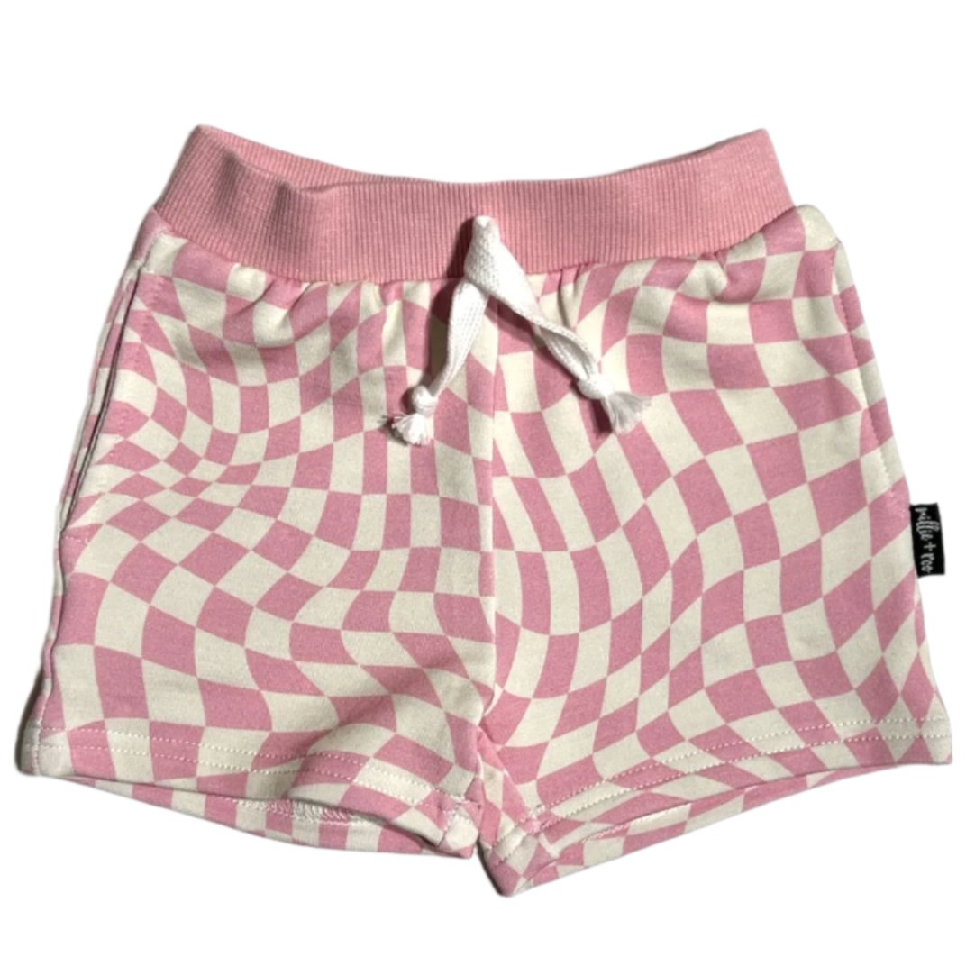 BAMBOO JOGGER SHORTS- Pink Dizzy Check