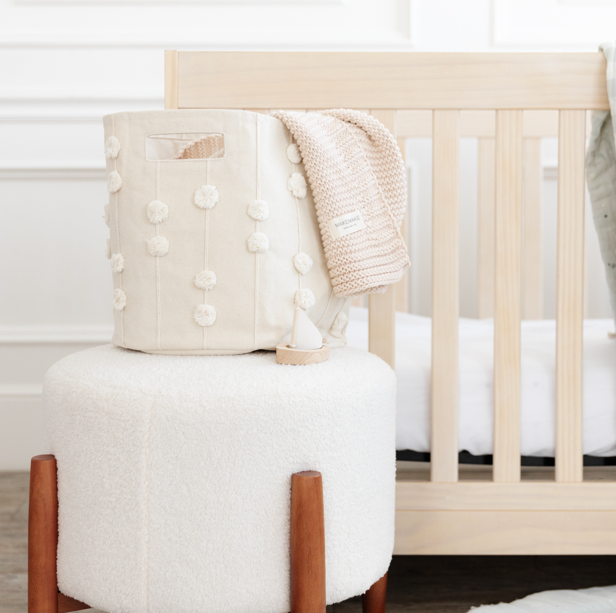 Handmade Canvas Storage Basket Pom Pom - Ivory