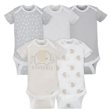 5-pack Neutral Grey Elephant Short Sleeve Onesies Bodysuits