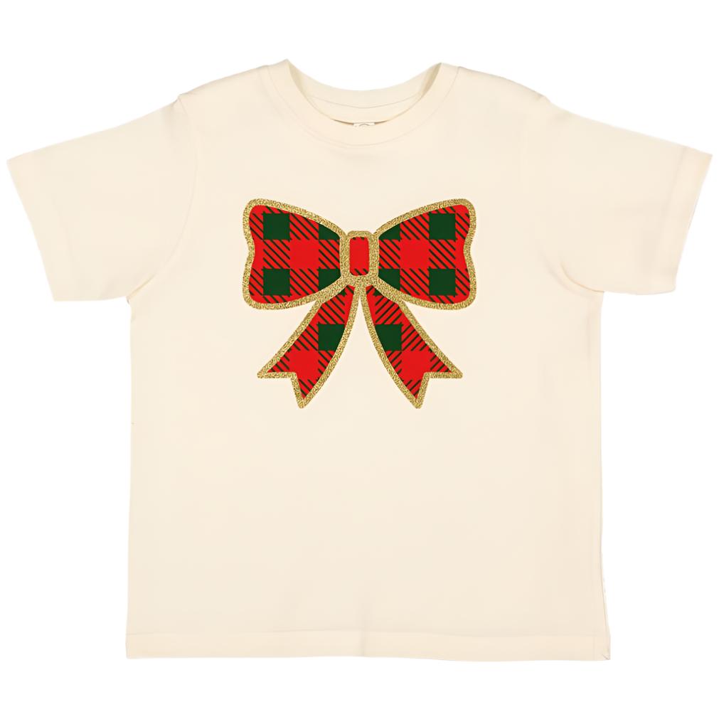 Christmas Plaid Bow Short Sleeve T-Shirt - Natural