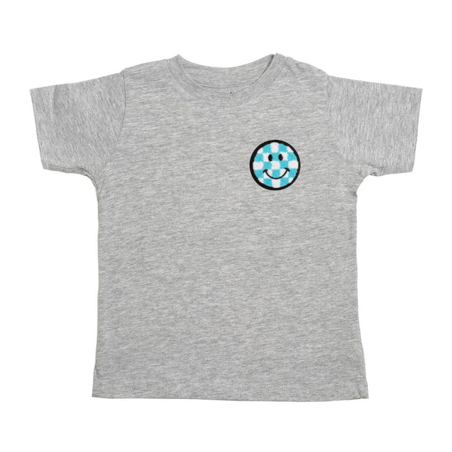 Smiley Checker Patch Short Sleeve T-Shirt - Gray - HoneyBug 