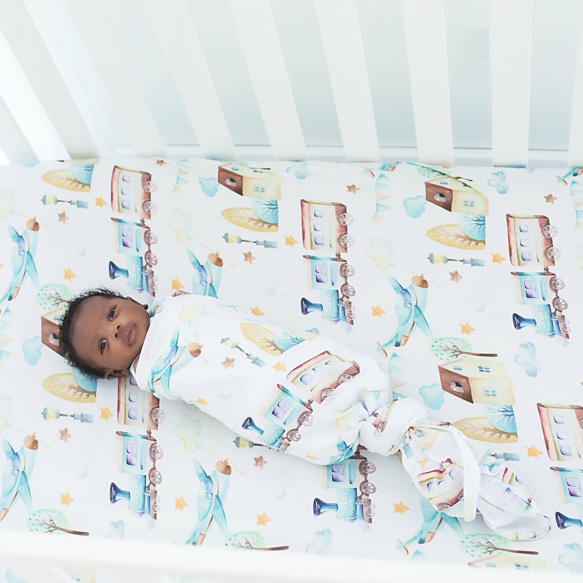 Buttery Soft and Stretchy Swaddle Blanket Airplane Train HoneyBug